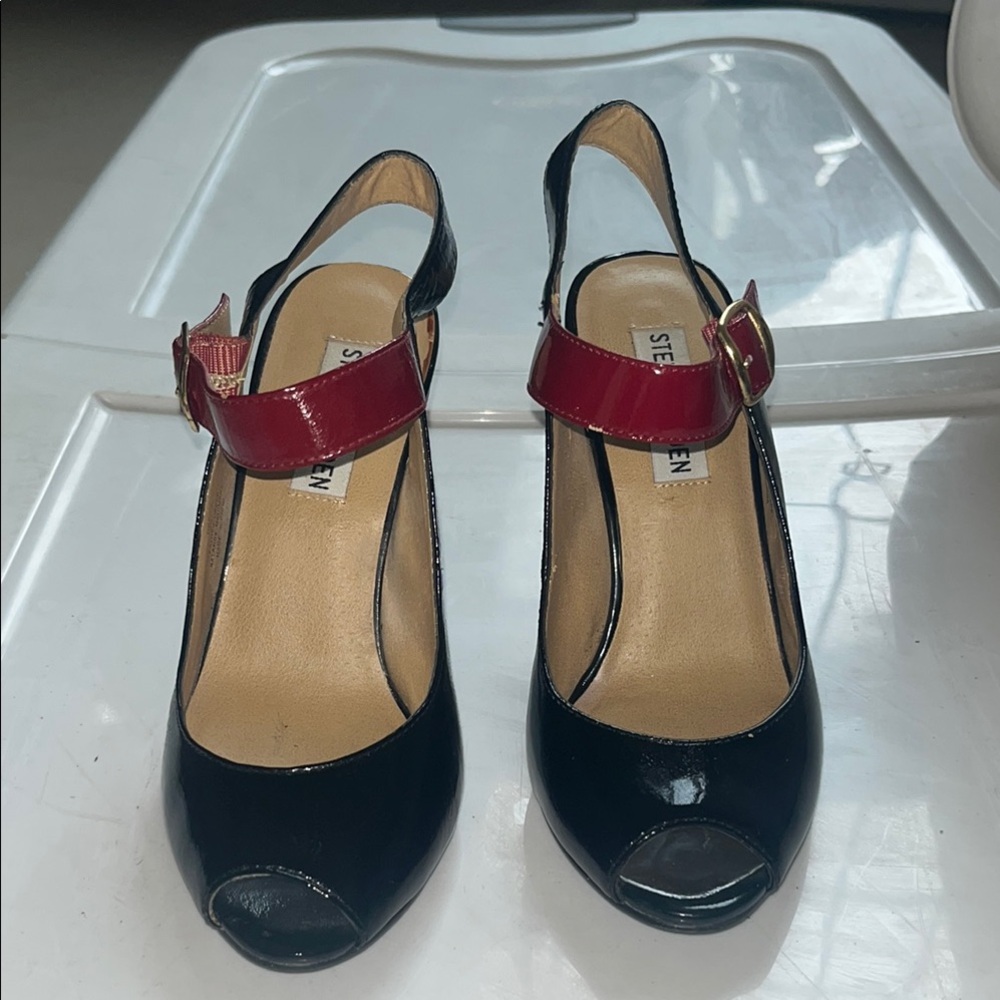 Black Patent Leather Heels with Red Ankle Strap